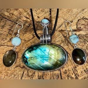 Crystal Pair of Labradorite & Larimar Pendant & Earrings